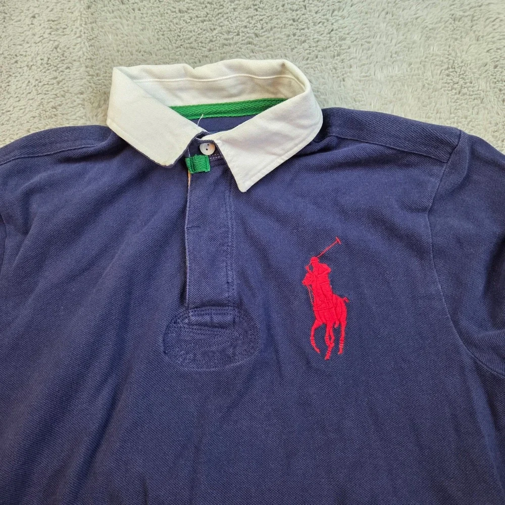 VTG Ralph Lauren Rugby Polo Boys XL Big Pony Short Sleeve Cotton Pique Navy Blue